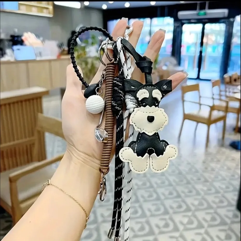 Schnauzer Bag Charm, Black Leather Key Holder with Dog Charm, NEW